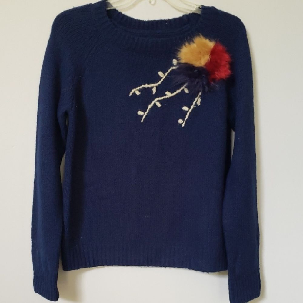 Field Flower Sweater Womens L Evie Navy Knit Artsy 3D Floral Embroidery
